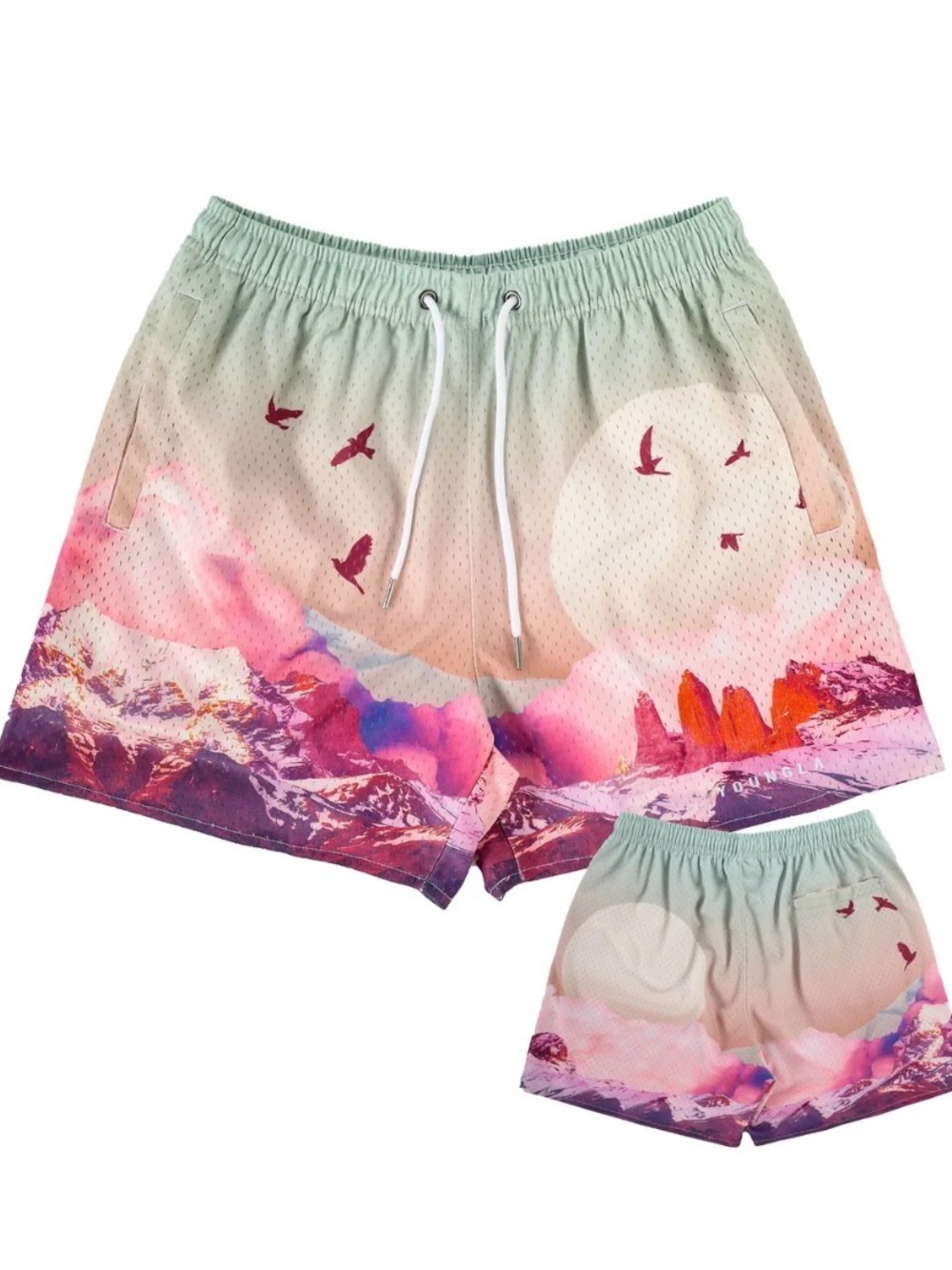 YoungLA Men’s Mesh Shorts Medium Mountain Sunset Print Gym Athletic